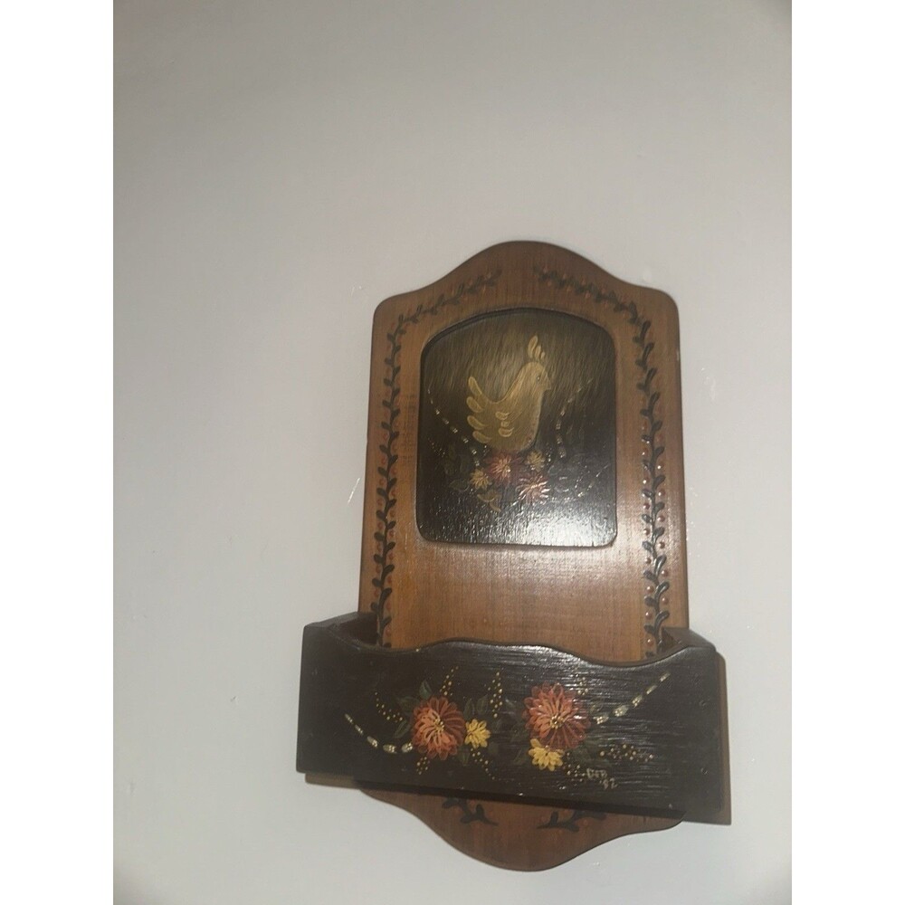 Vintage Hand-Painted Wooden Wall Pocket Bird & Floral Folk Art Mail Holder